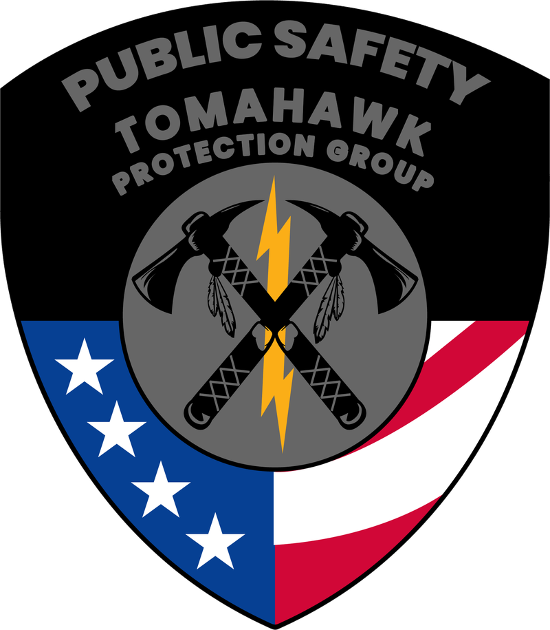 Tomahawk Protection Group patch: crossed tomahawks over a gold lightning bolt on an American flag shield